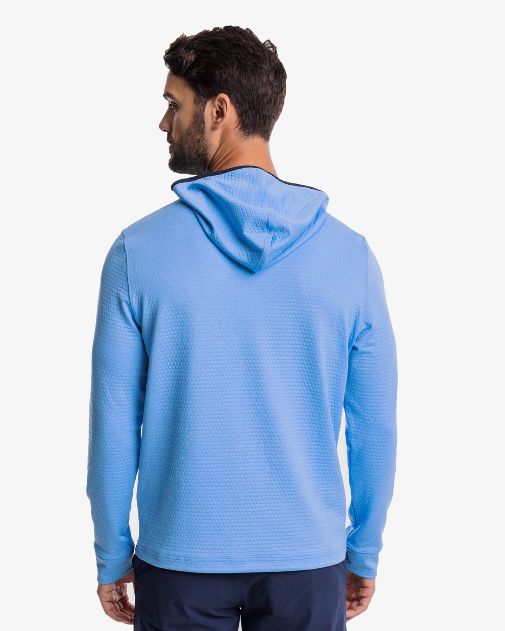 The back view of the Southern Tide Scuttle Heather Performance Quarter Zip Hoodie by Southern Tide - Heather Boat Blue