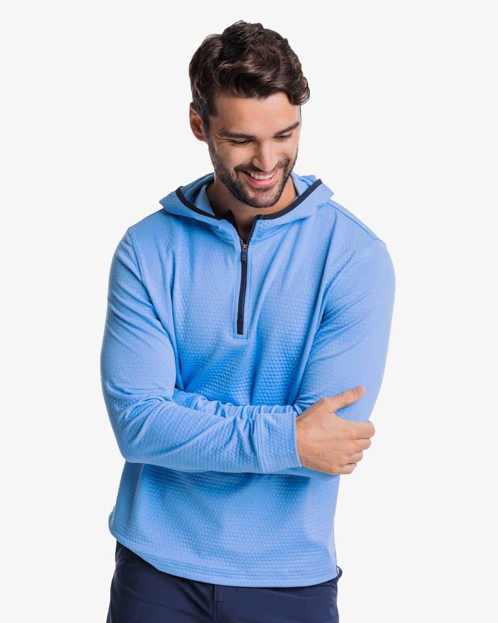 The front view of the Southern Tide Scuttle Heather Performance Quarter Zip Hoodie by Southern Tide - Heather Boat Blue