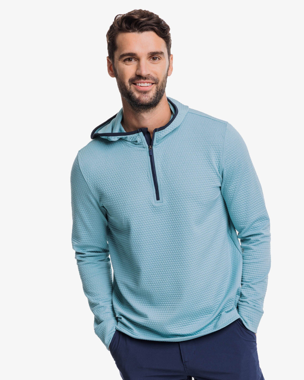 The front view of the Southern Tide Scuttle Heather Performance Quarter Zip Hoodie by Southern Tide - Heather Ocean Teal