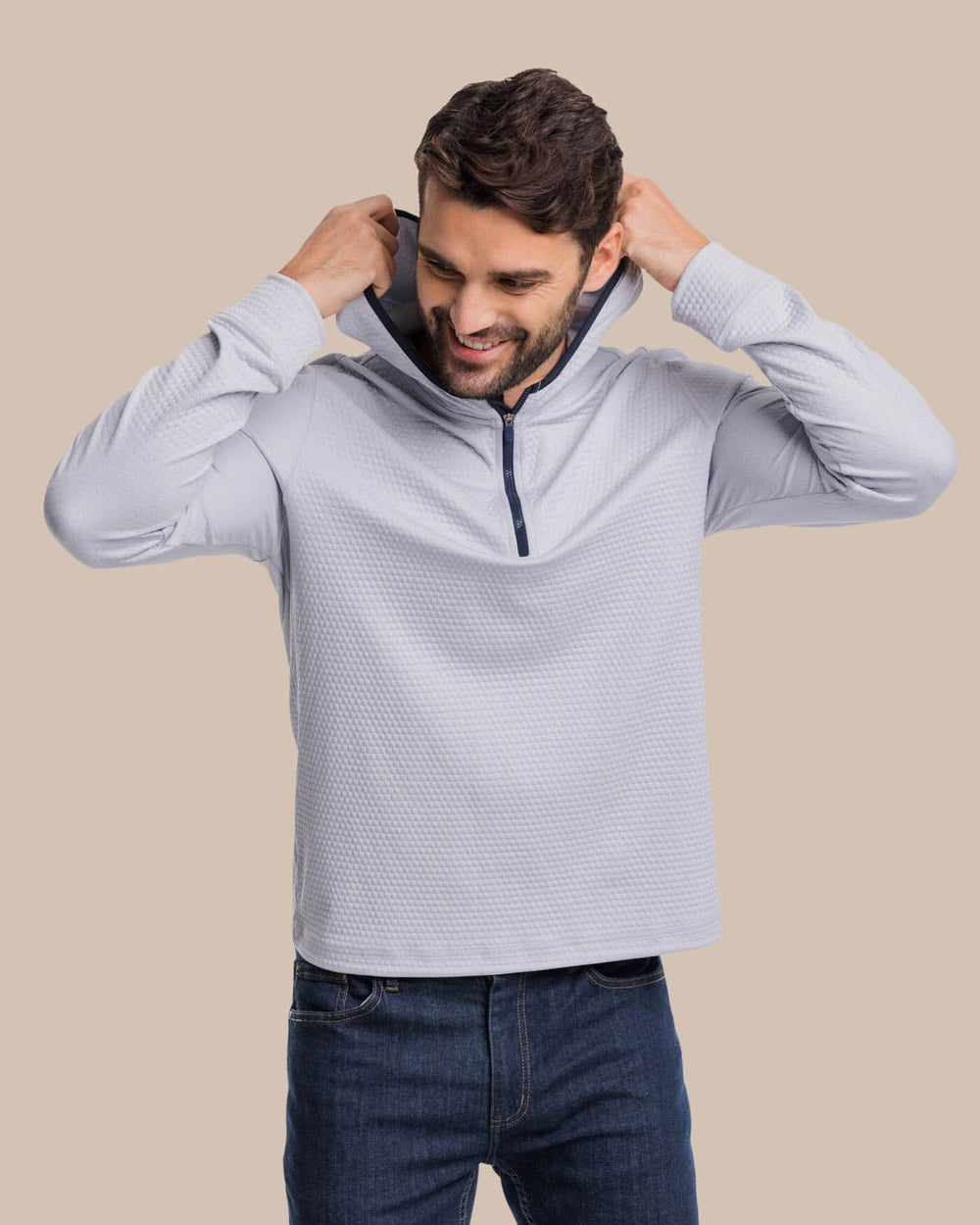 The front hood view of the Southern Tide Scuttle Heather Performance Quarter Zip Hoodie by Southern Tide - Heather Slate Grey