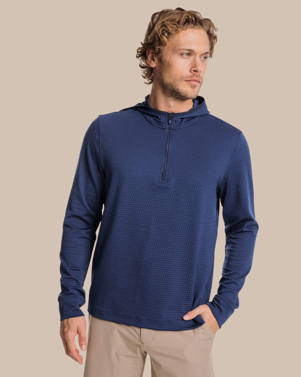 The front view of the Southern Tide Scuttle Heather Performance Quarter Zip Hoodie by Southern Tide - Heather True Navy