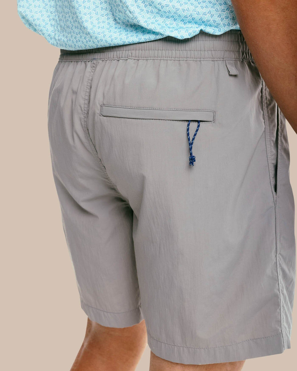 The model detail view of the Men's Shoreline 6 Inch Short by Southern Tide  - Frost Grey