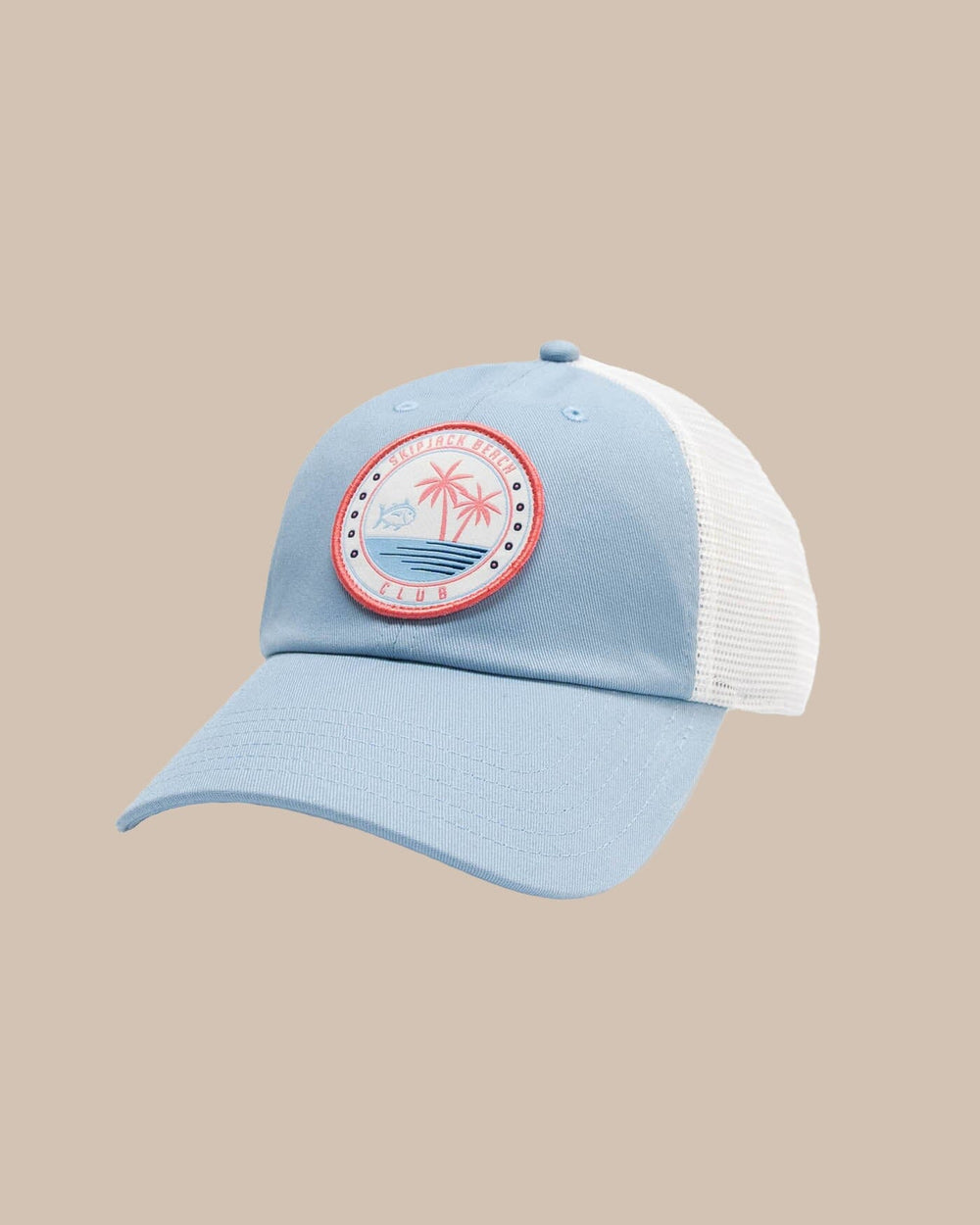The front view of the Southern Tide Skipjack Beach Club Trucker Hat by Southern Tide - Light Blue