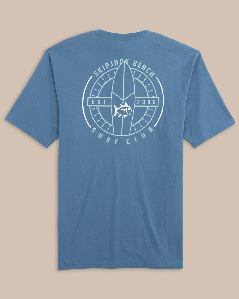 The back view of the Southern Tide Skipjack Beach Surf Club Short Sleeve T-Shirt by Southern Tide - Coronet Blue