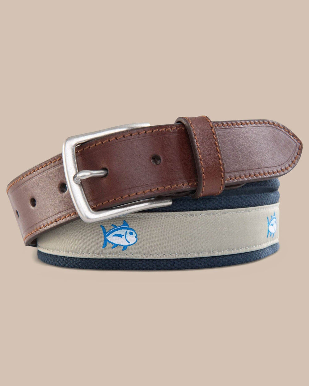 The detail of the Men's Khaki Skipjack Ribbon Belt by Southern Tide - Sandstone Khaki