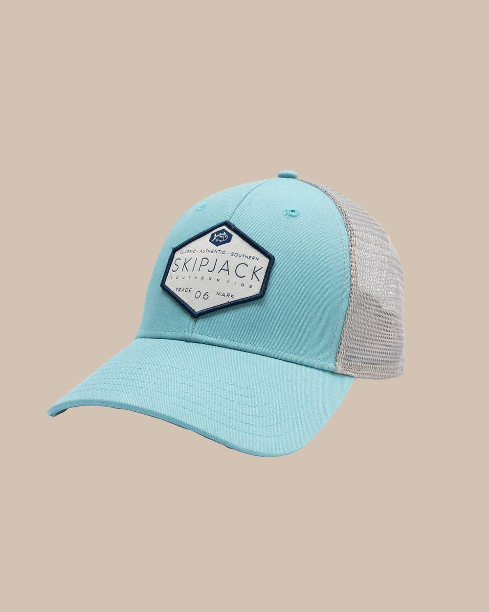 The front view of the Southern Tide Kids Skipjack Trademark Trucker Hat by Southern Tide - Blue