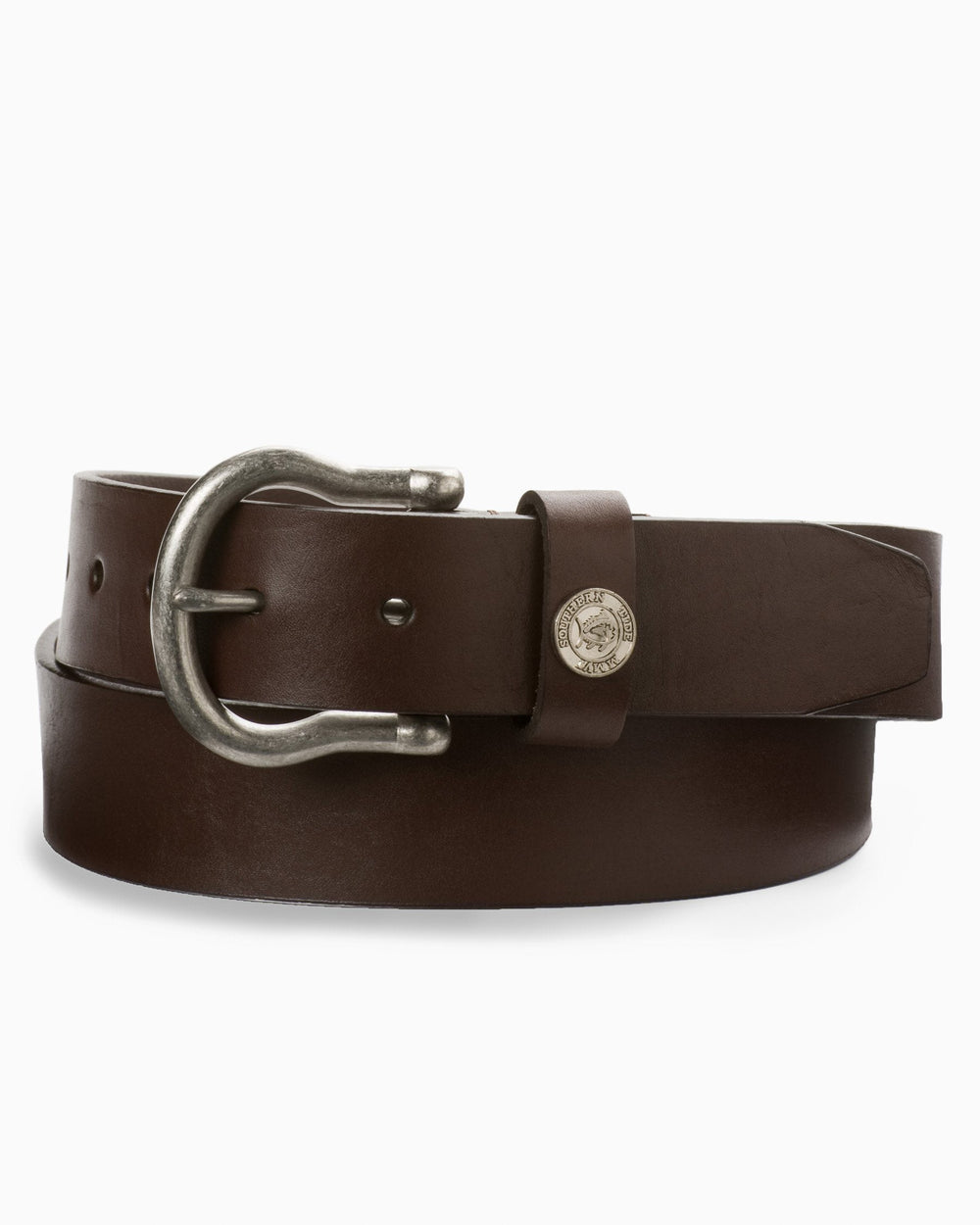 The front detail of the Men's Brown Classic Leather Belt by Southern Tide - Dark Brown