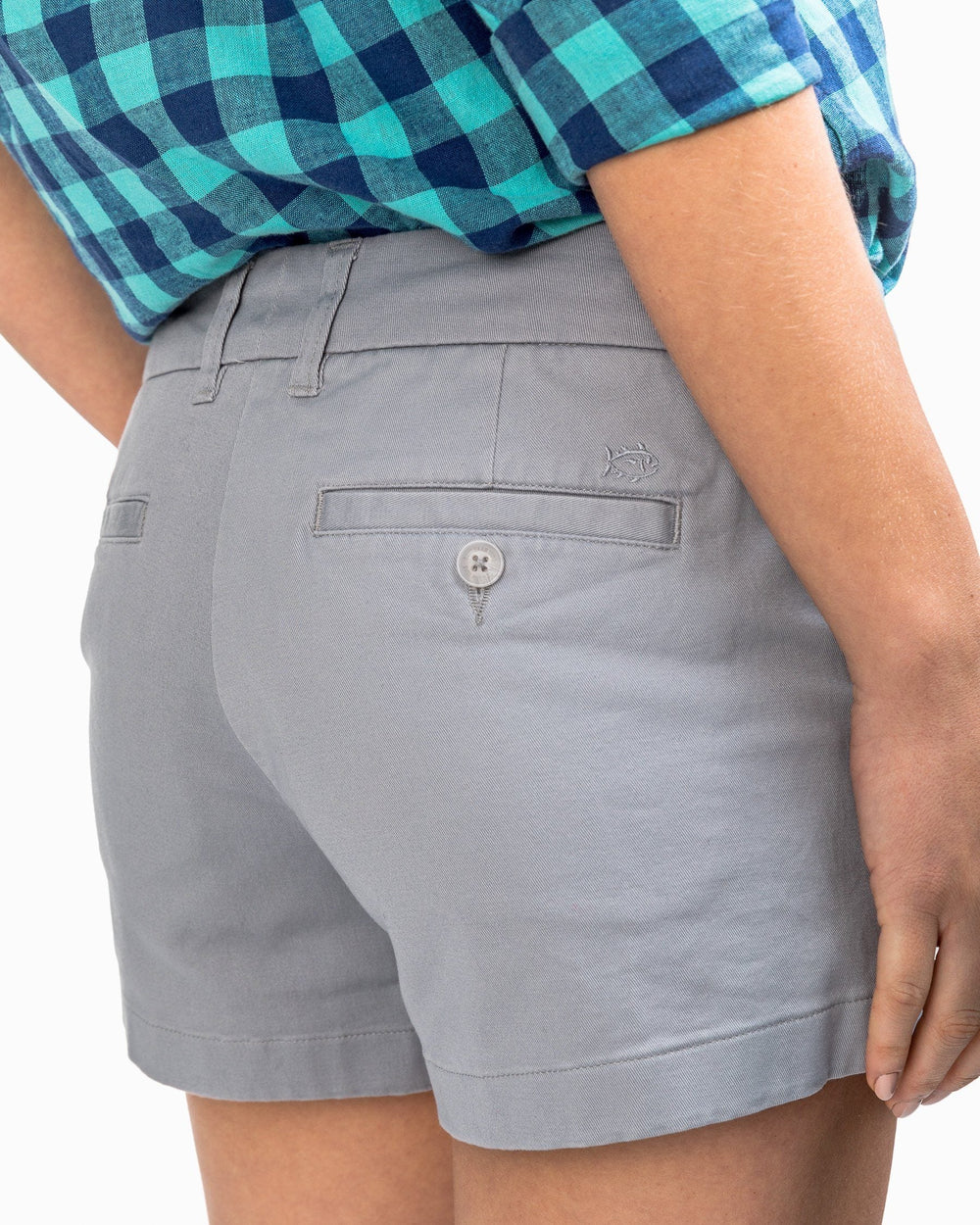 The pocket view of the Women's Grey 3" Leah Shorts by Southern Tide - Gravel Grey