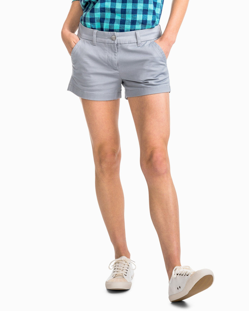 The front view of the Women's Grey 3" Leah Shorts by Southern Tide - Gravel Grey