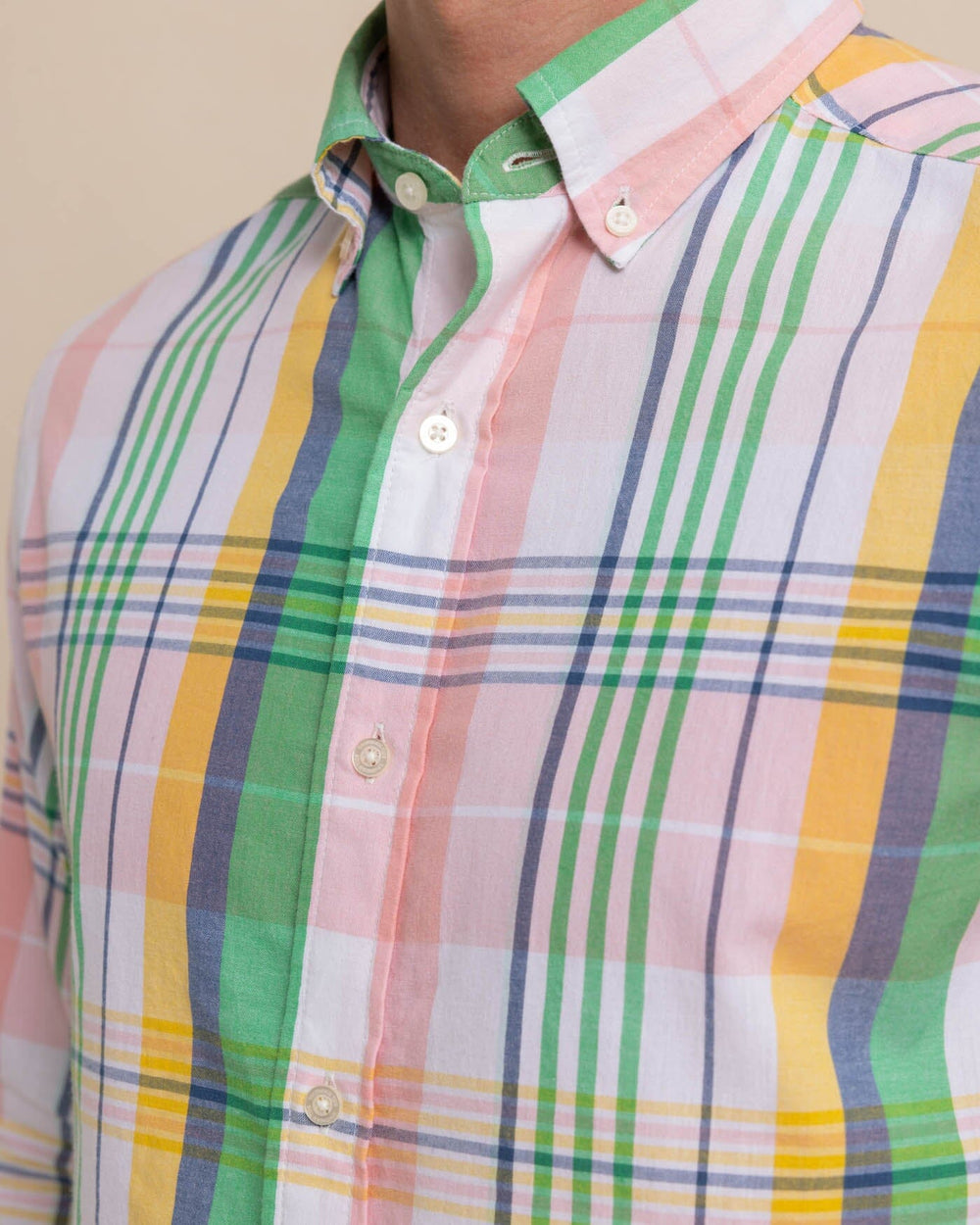 The detail view of the Southern Tide Springers Point Madras Plaid Long Sleeve Sport Shirt by Southern Tide - Classic White