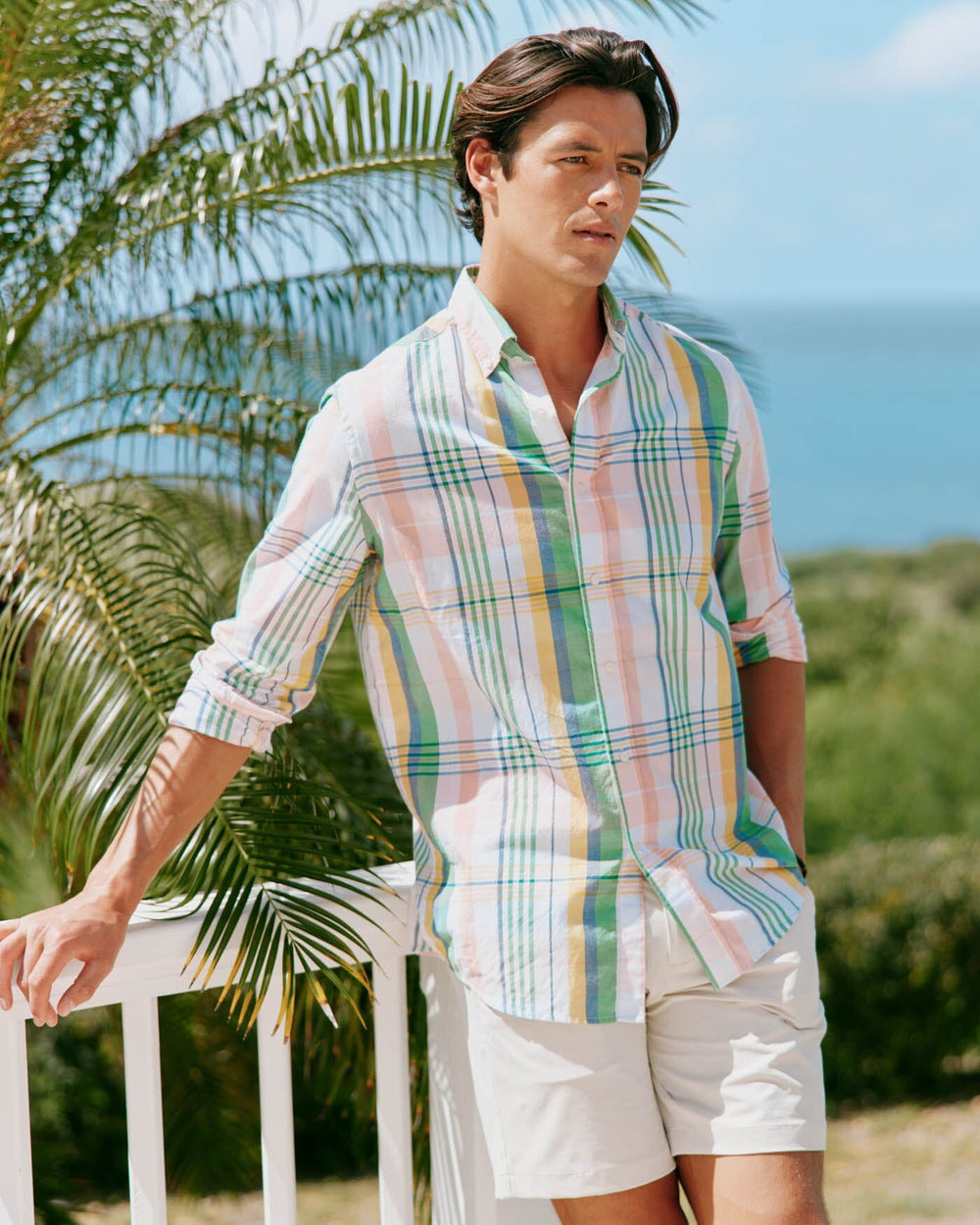 The front view of the Southern Tide Springers Point Madras Plaid Long Sleeve Sport Shirt by Southern Tide - Classic White