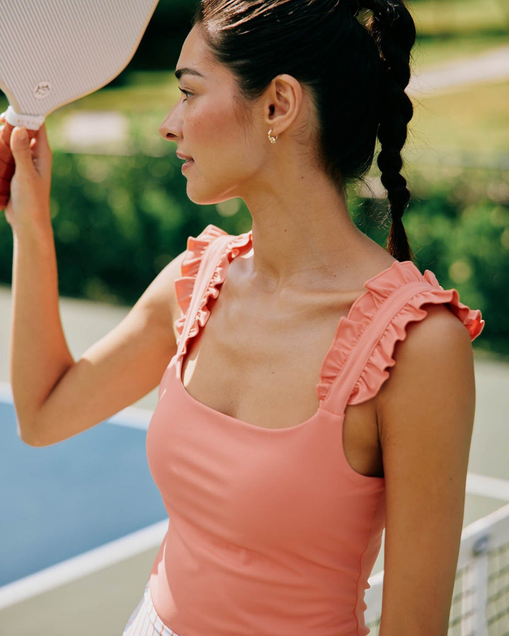 The front view of the Southern Tide Staci Active Ruffle Tank by Southern Tide - Conch Shell