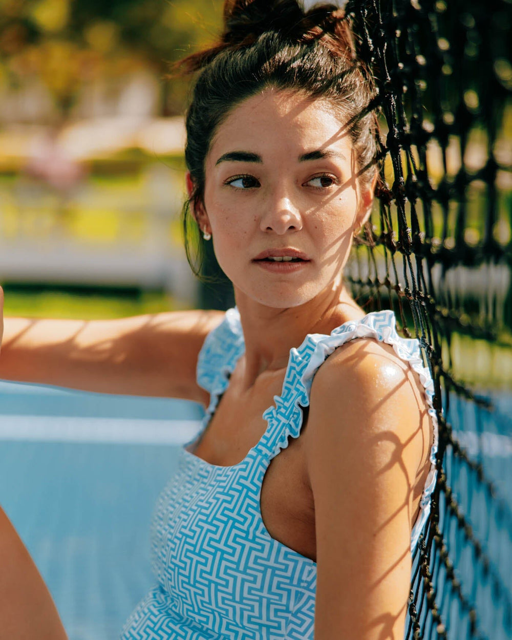 The front view of the Southern Tide Staci Printed Active Ruffle Tank by Southern Tide - Clearwater Blue