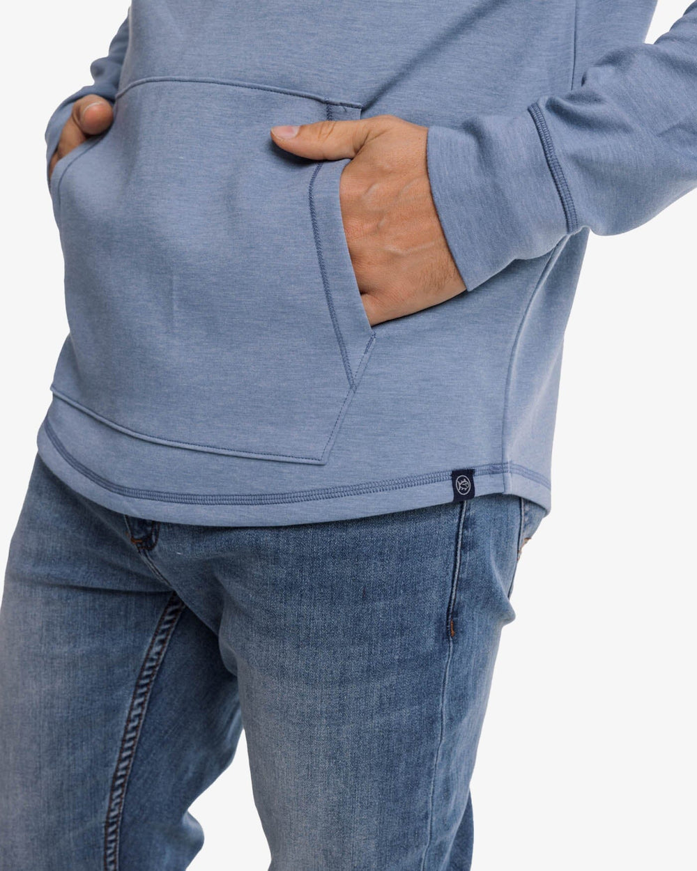 The detail view of the Southern Tide Stratford Heather Interlock Hoodie by Southern Tide - Heather Blue Haze