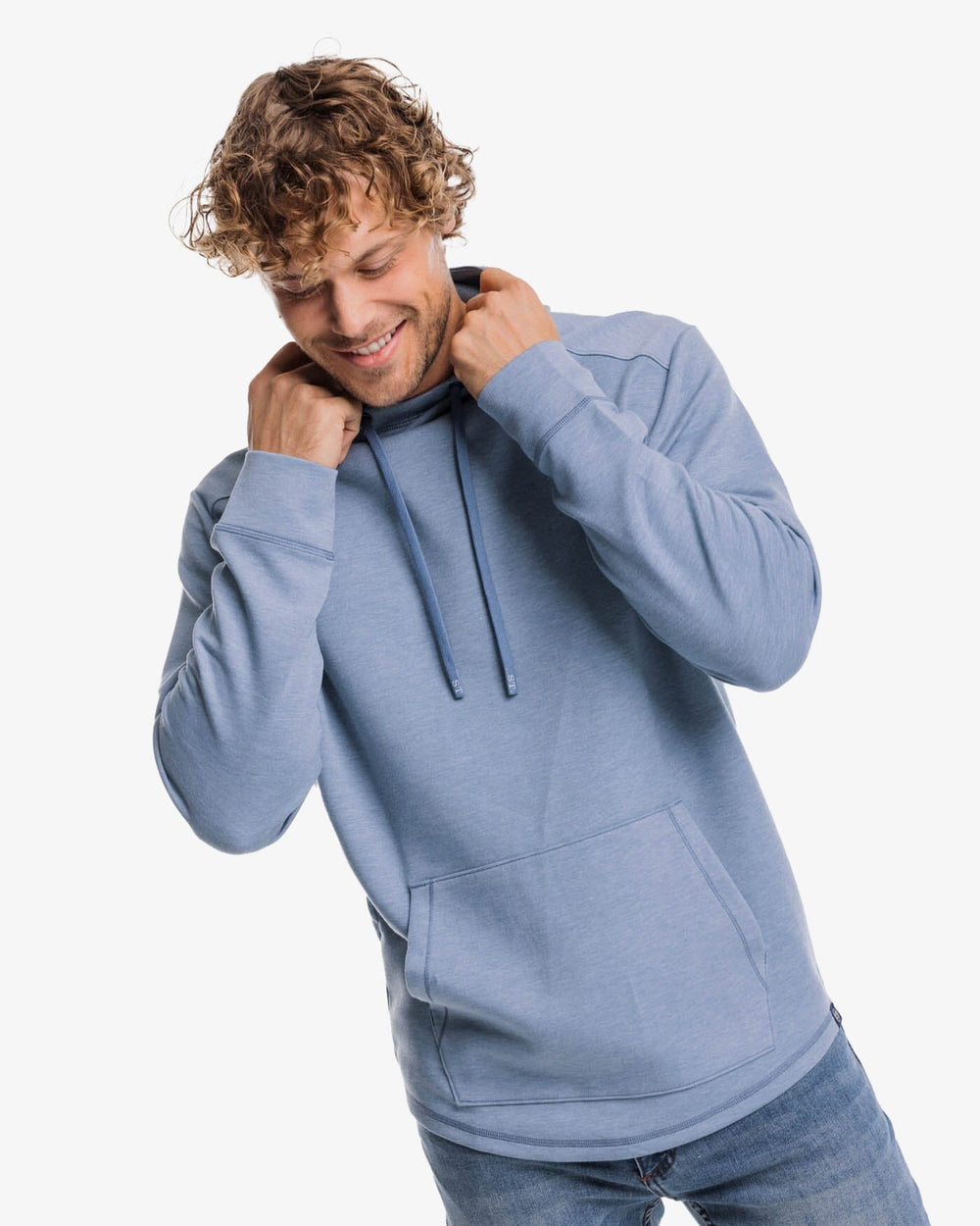 The front view of the Southern Tide Stratford Heather Interlock Hoodie by Southern Tide - Heather Blue Haze
