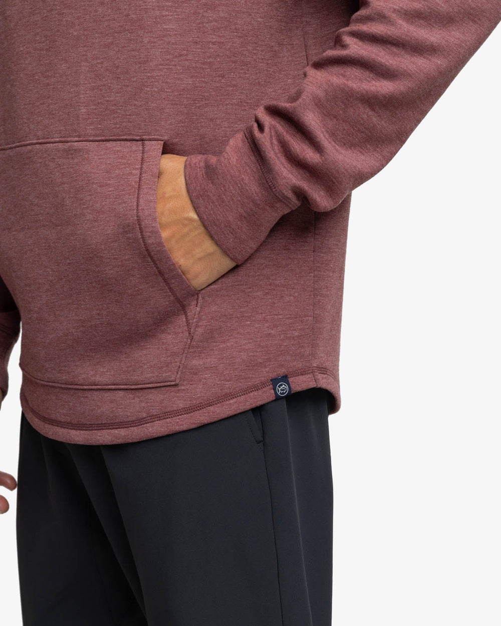 The detail view of the Southern Tide Stratford Heather Interlock Hoodie by Southern Tide - Heather Bordeaux Red