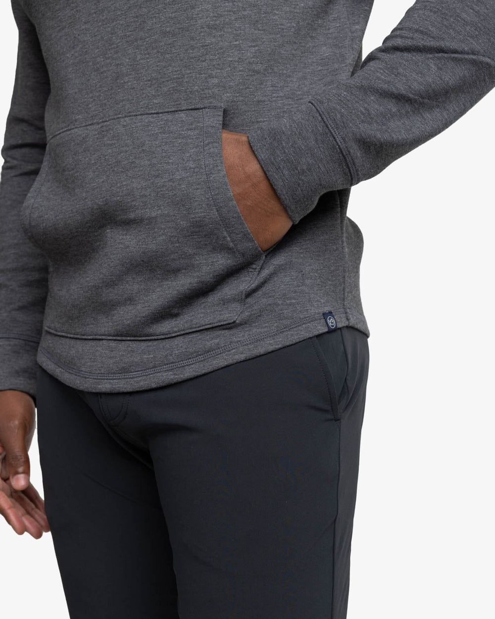 The detail view of the Southern Tide Stratford Heather Interlock Hoodie by Southern Tide - Heather Caviar Black