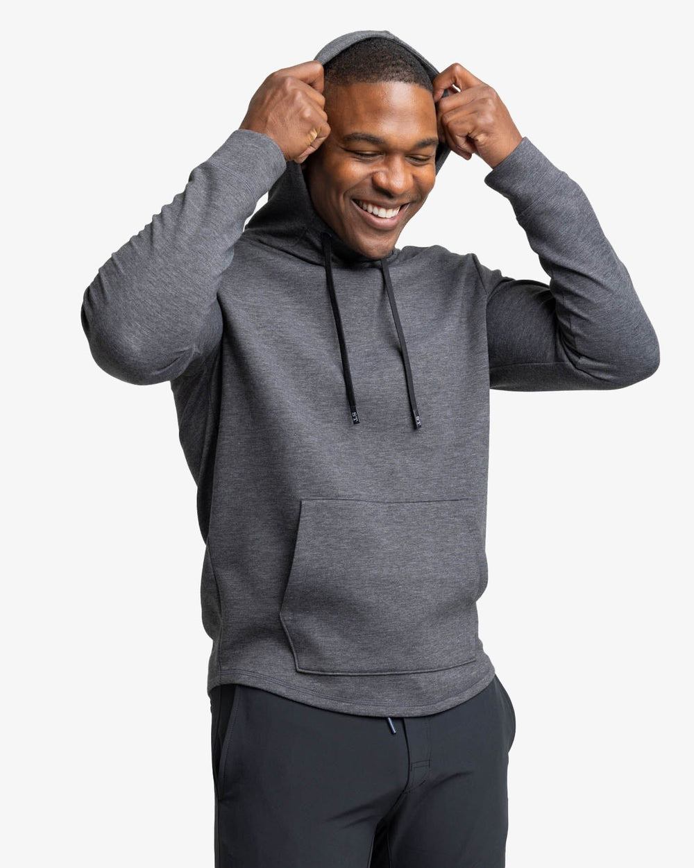 The front view of the Southern Tide Stratford Heather Interlock Hoodie by Southern Tide - Heather Caviar Black