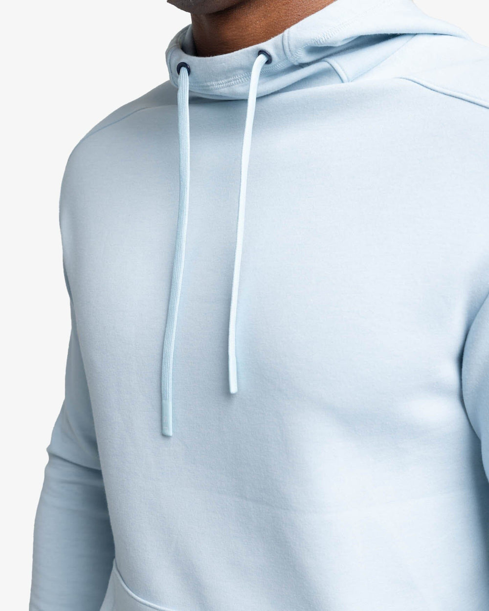 The detail view of the Southern Tide Stratford Heather Interlock Hoodie by Southern Tide - Heather Dream Blue
