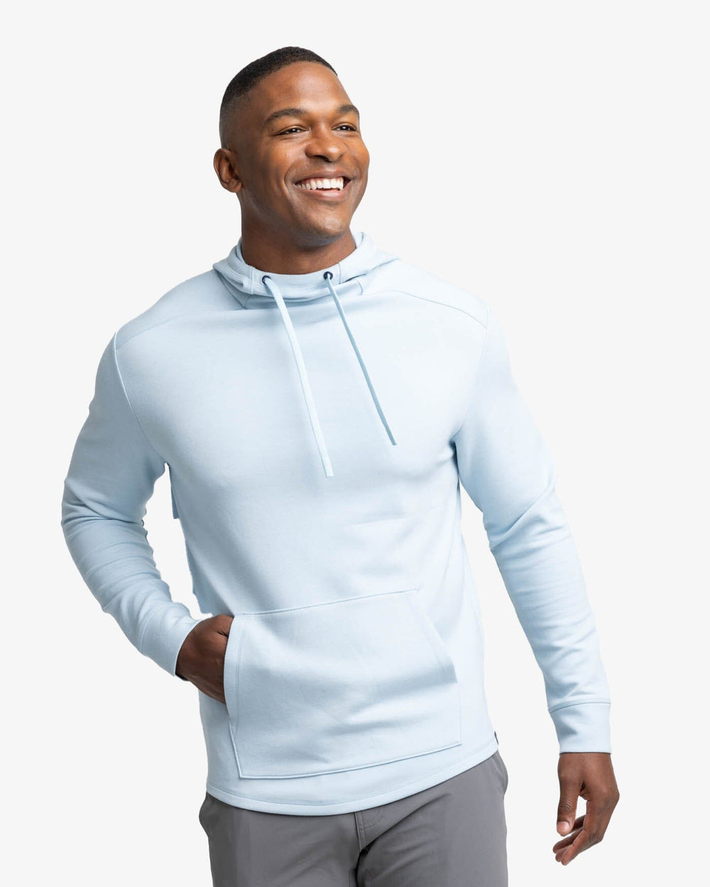 The front view of the Southern Tide Stratford Heather Interlock Hoodie by Southern Tide - Heather Dream Blue