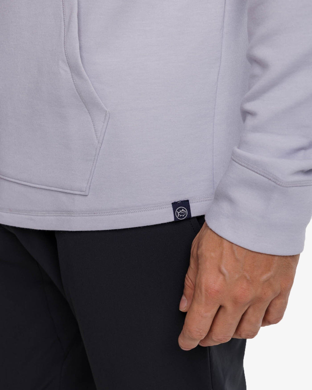 The detail view of the Southern Tide Stratford Heather Interlock Hoodie by Southern Tide - Heather Platinum Grey