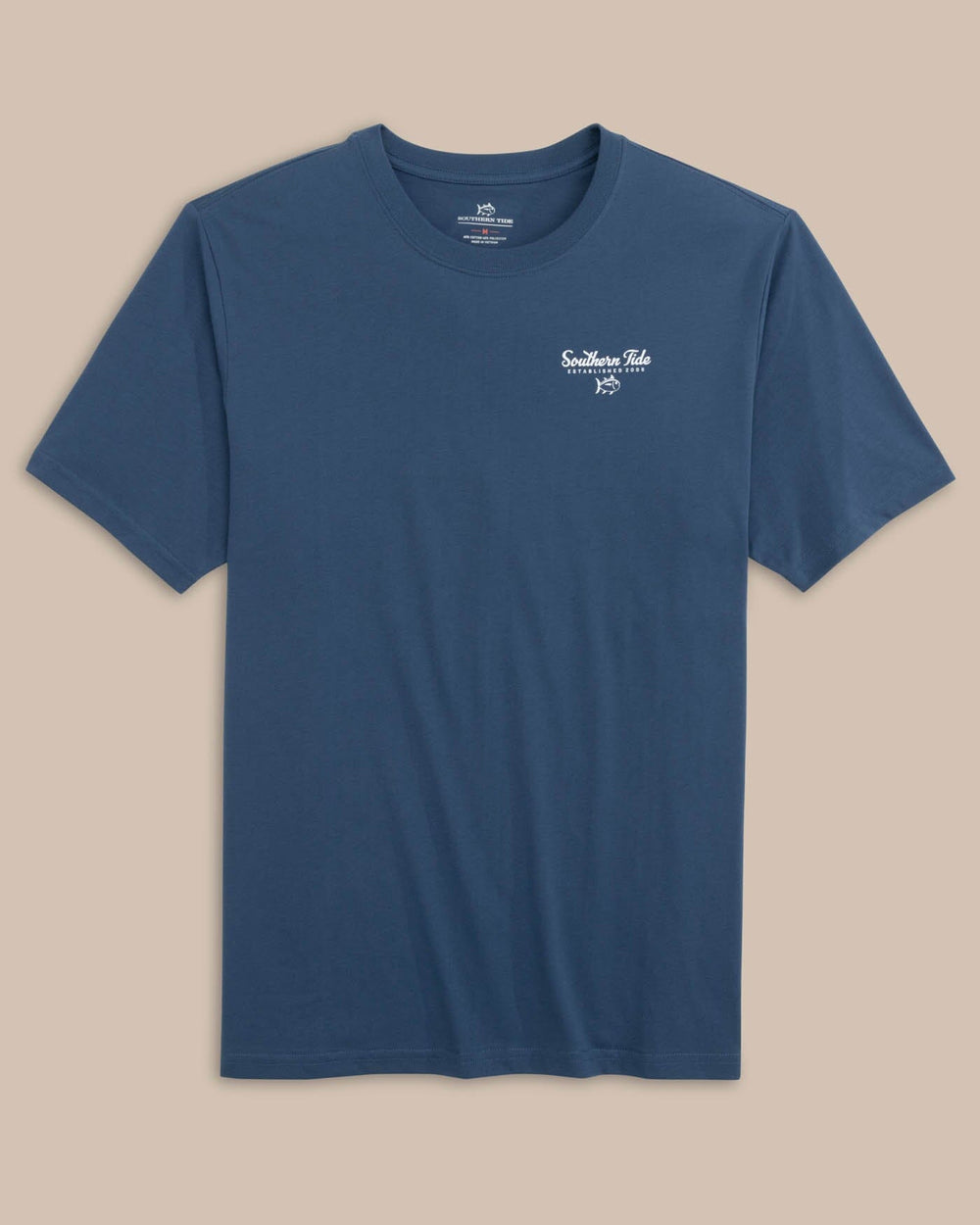 The front view of the Southern Tide Striped Sunset Palms Short Sleeve T-shirt by Southern Tide - Aged Denim