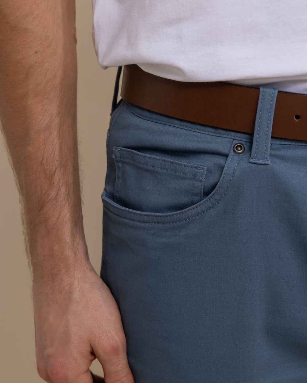 The detail view of the Southern Tide Sullivan Five Pocket Pant Blue Haze by Southern Tide - Blue Haze