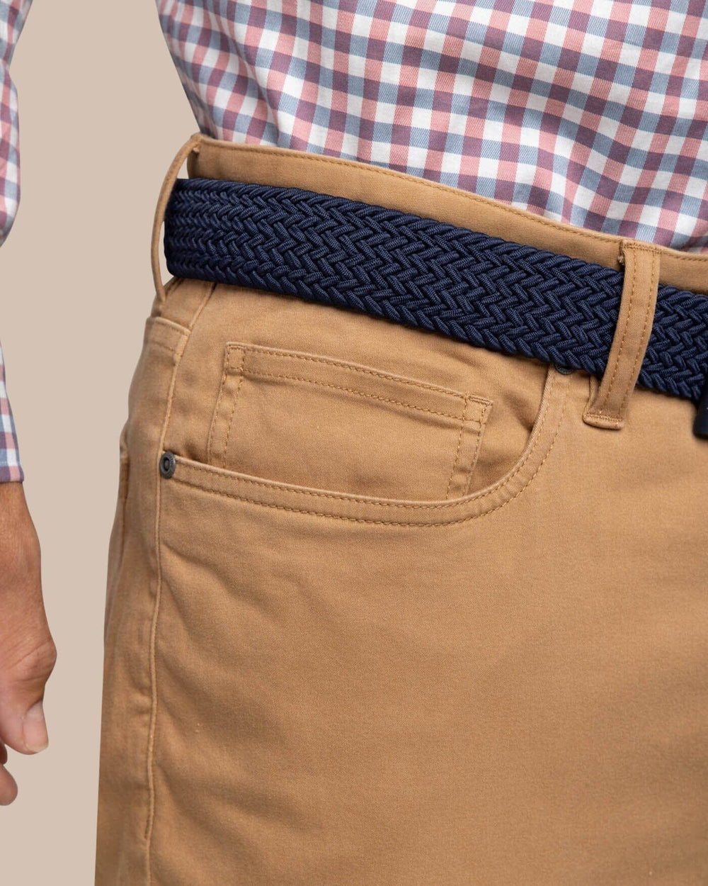 The detail view of the Southern Tide Sullivan Five Pocket Pant by Southern Tide - Hazelnut Khaki