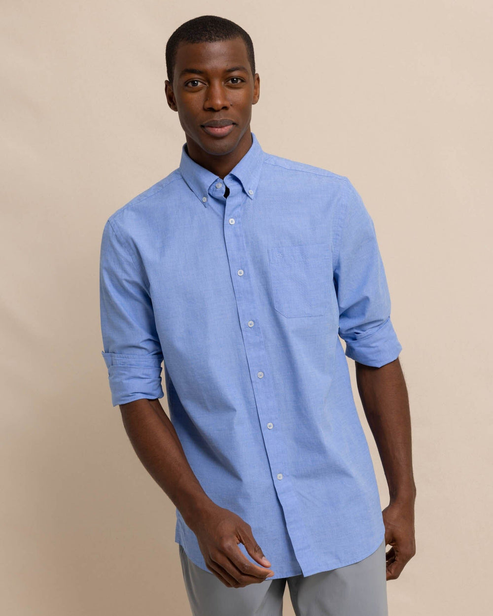 The front view of the Men's Blue Sullivans Solid Button Down Shirt by Southern Tide - Sail Blue