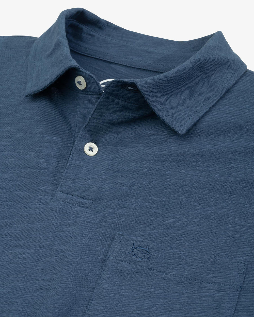 The collar of the Men's Sun Farer Polo Shirt by Southern Tide - Dark Denim
