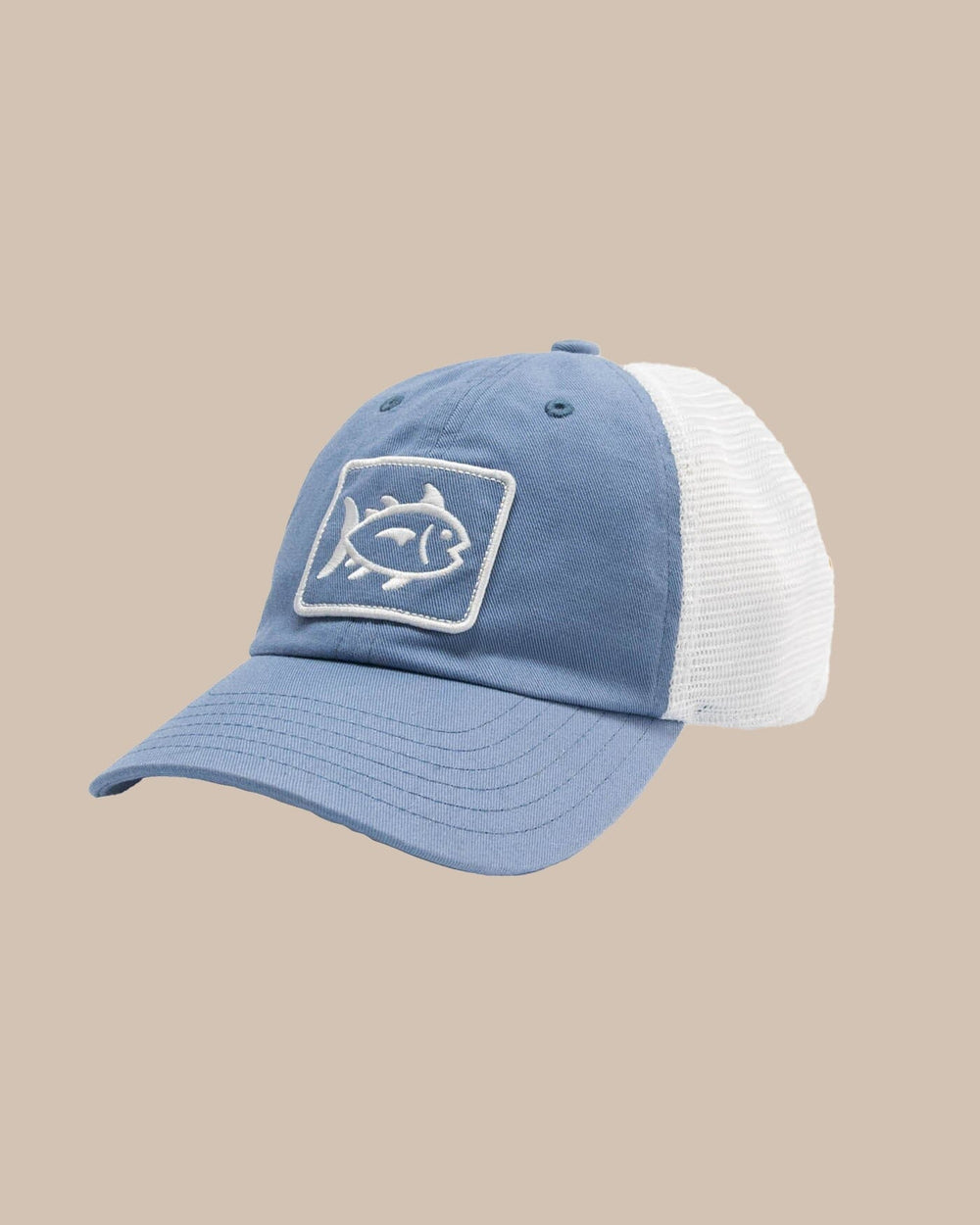 The front view of the Southern Tide Kids Skipjack Fly Patch Sun Farer Trucker by Southern Tide - Subdued Blue