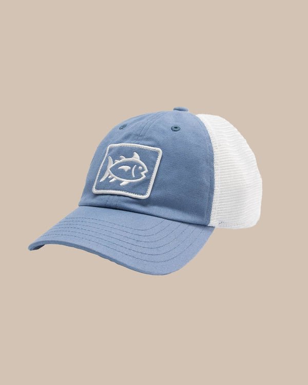 The front view of the Southern Tide Kids Skipjack Fly Patch Sun Farer Trucker by Southern Tide - Subdued Blue