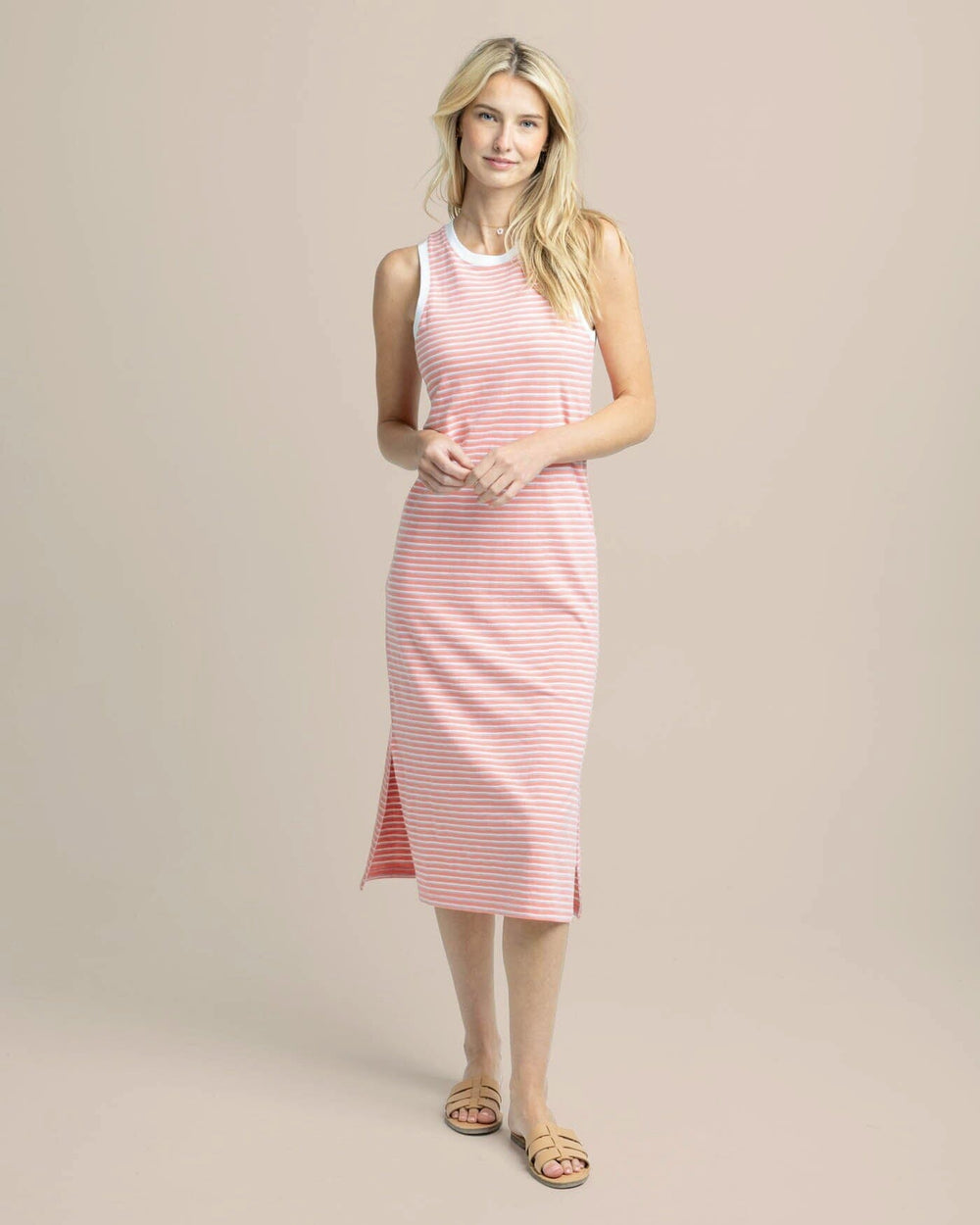 The front view of the Southern Tide Sun Farer Stripe Midi Tank Dress by Southern Tide - Conch Shell