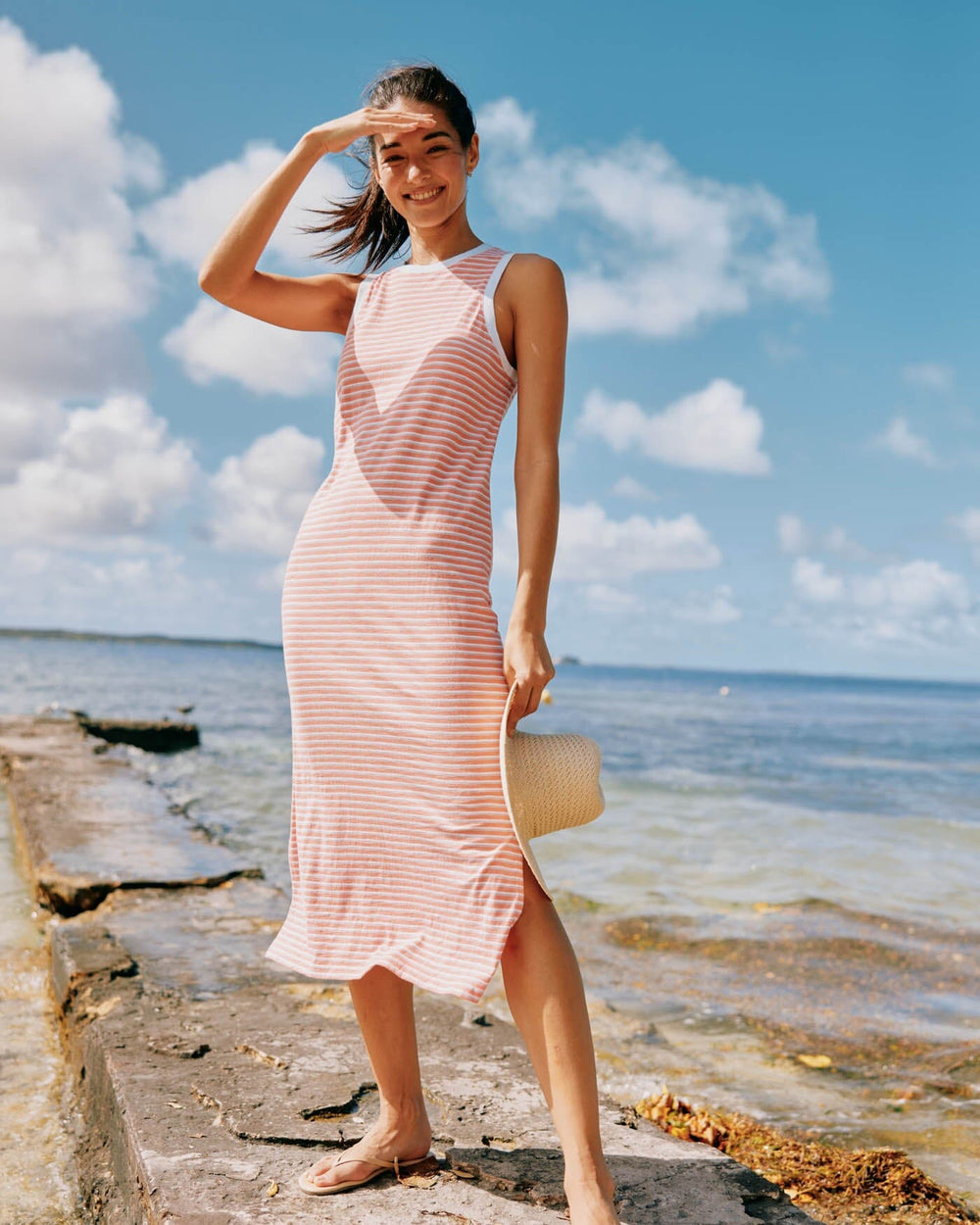 The front view of the Southern Tide Sun Farer Stripe Midi Tank Dress by Southern Tide - Conch Shell