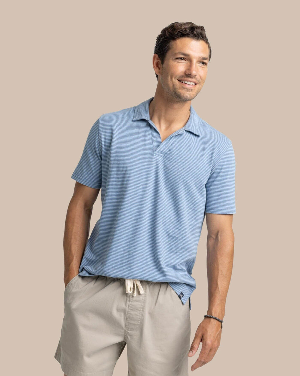 The front view of the Southern Tide Sun Farer Summertree Stripe Polo by Southern Tide - Coronet Blue