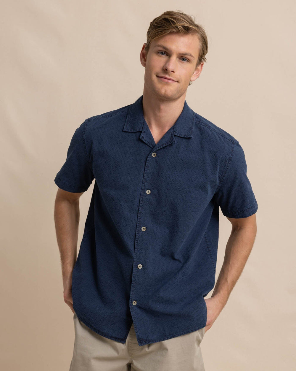 The front view of the Southern Tide Sun Washed Seerscuker Camp Short Sleeve Sport Shirt by Southern Tide - Dress Blue