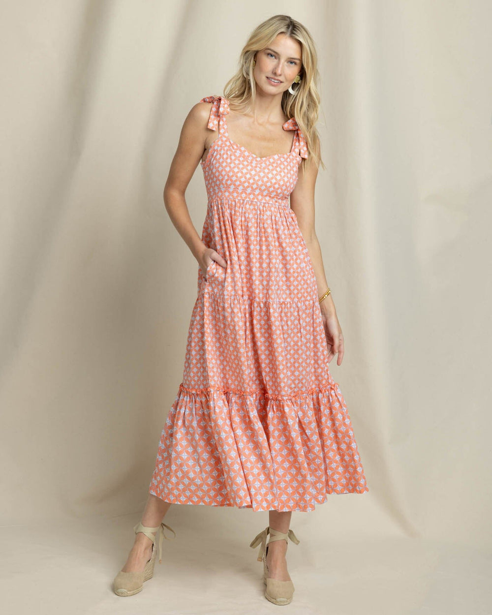 The front view of the Southern Tide Sylvi Sun Daze Geo Printed Maxi Dress by Southern Tide - Conch Shell