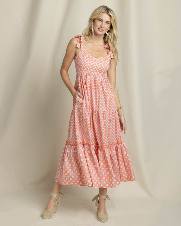 The front view of the Southern Tide Sylvi Sun Daze Geo Printed Maxi Dress by Southern Tide - Conch Shell