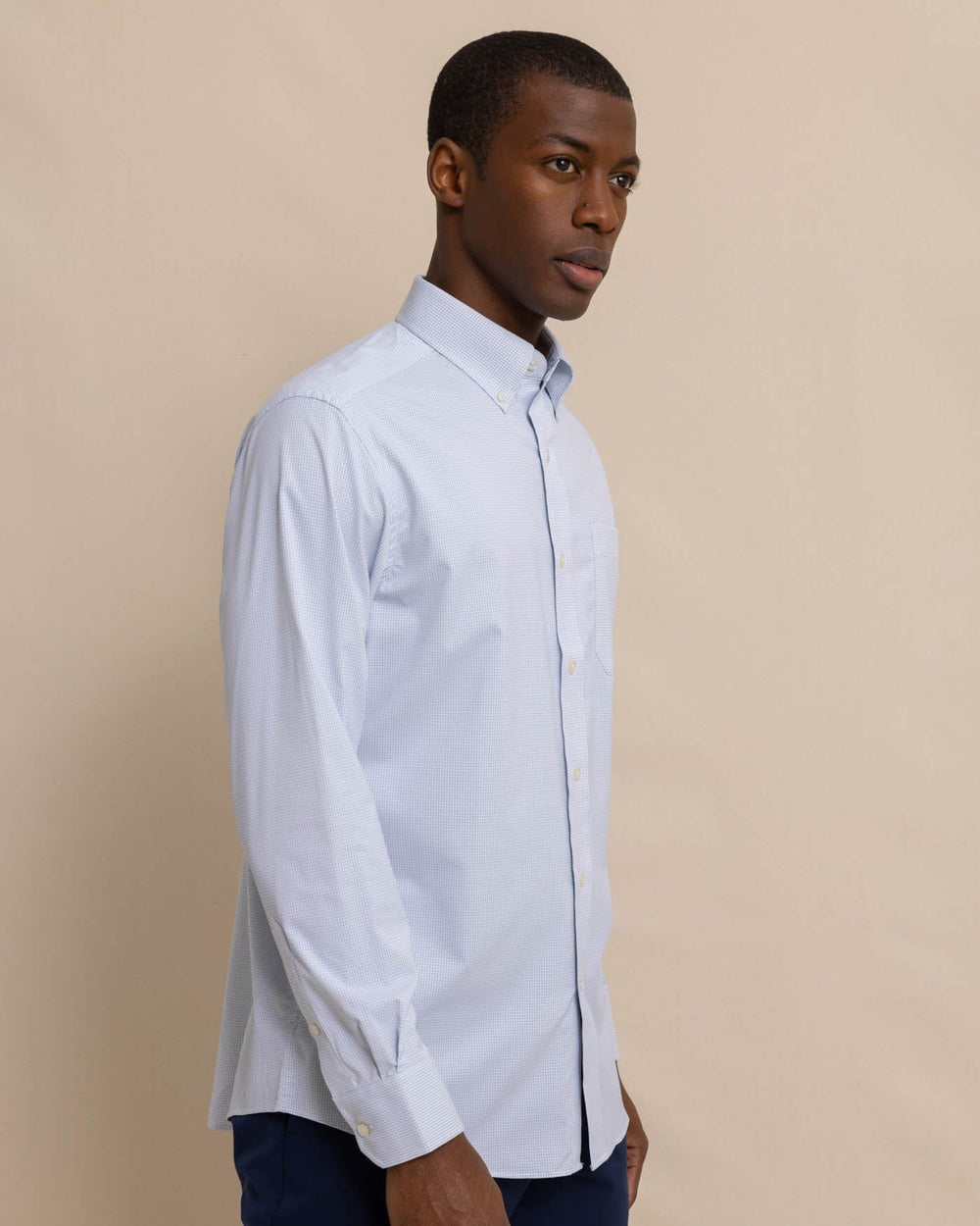 The front view of the Team Colors Gingham Intercoastal Sport Shirt by Southern Tide - Slate Grey