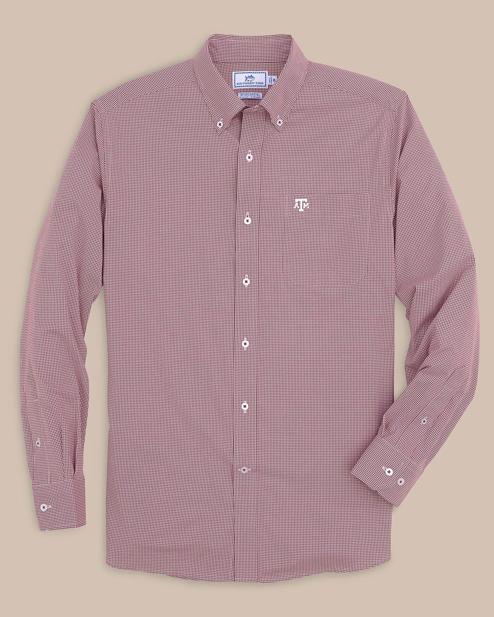 The front of the Men's Texas A&M Aggies Gingham Button Down Shirt by Southern Tide - Chianti