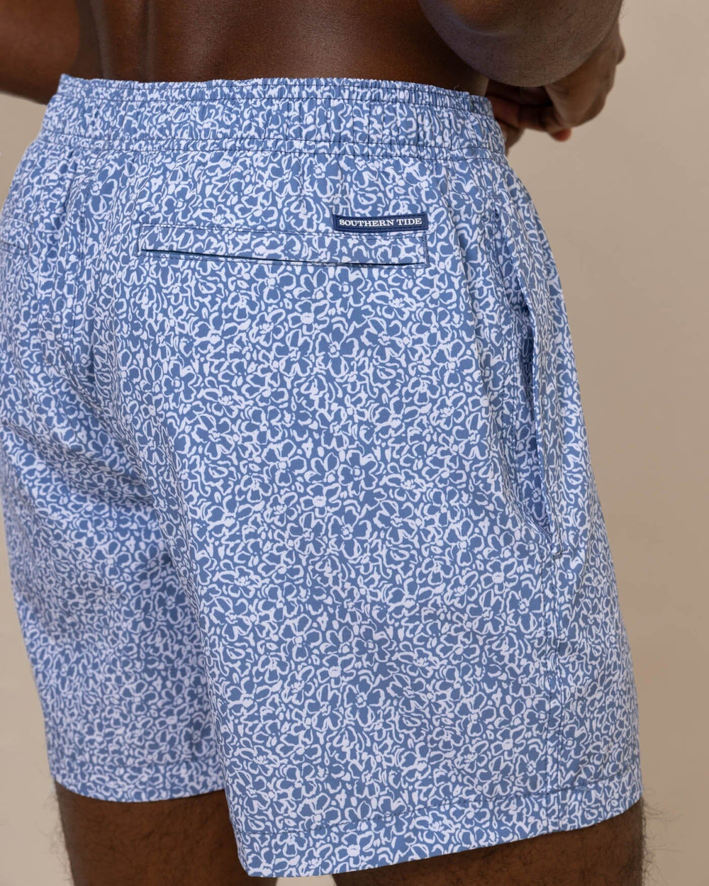 The detail view of the Southern Tide That Floral Feeling Swim Trunk by Southern Tide - Coronet Blue