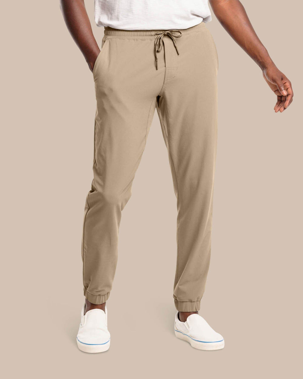 The front view of the Southern Tide The Excursion Performance Jogger by Southern Tide - Sandstone Khaki