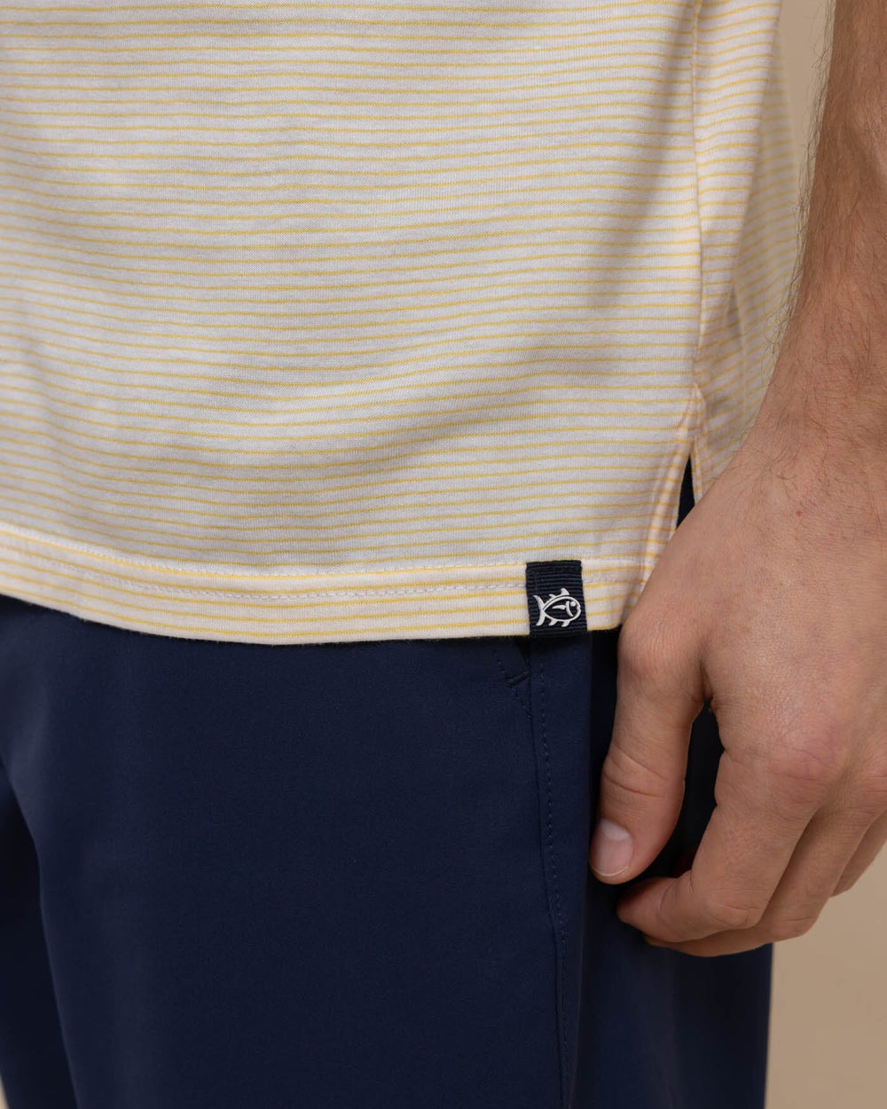 The detail view of the Southern Tide The Seaport Davenport Stripe Polo by Southern Tide - Beach Ball Yellow