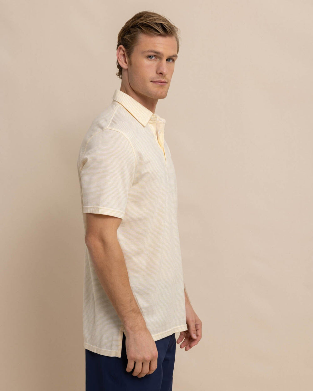 The front view of the Southern Tide The Seaport Davenport Stripe Polo by Southern Tide - Beach Ball Yellow