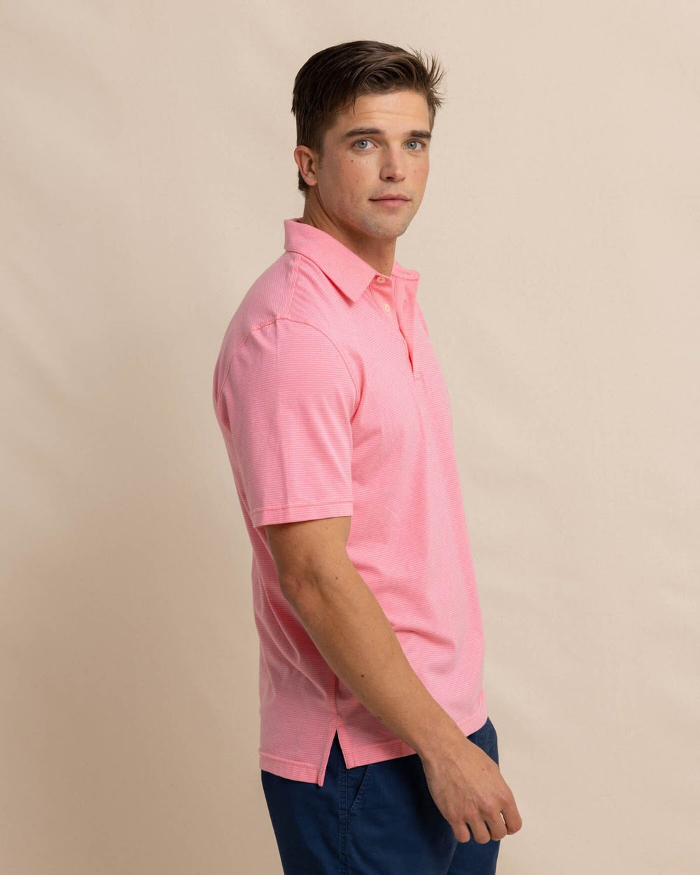 The front view of the Southern Tide The Seaport Davenport Stripe Polo by Southern Tide - Geranium Pink