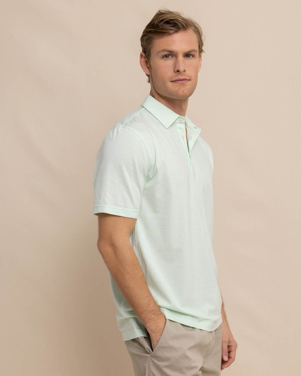 The front view of the Southern Tide The Seaport Davenport Stripe Polo by Southern Tide - Morning Mist Sage