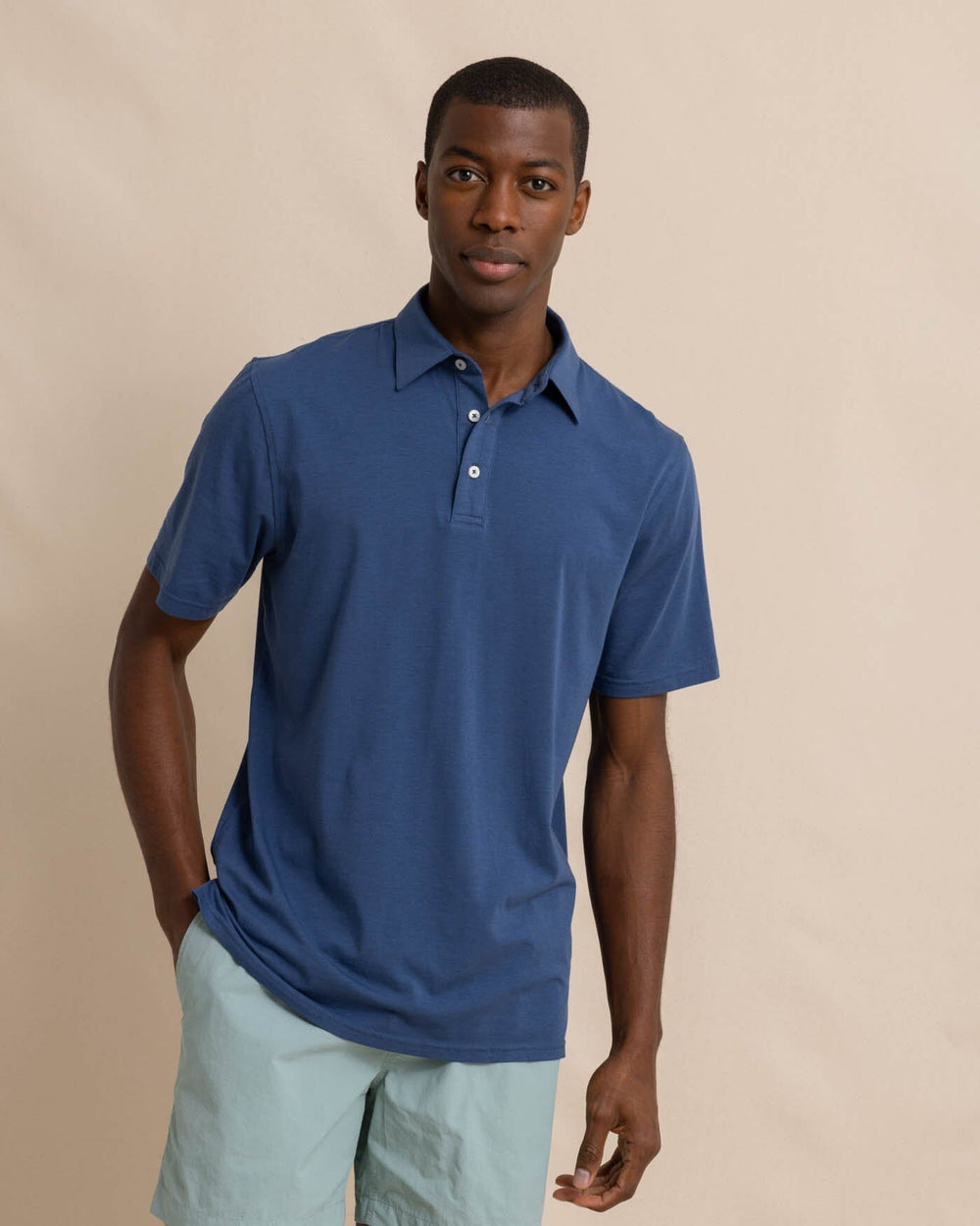 The front view of the Southern Tide The Seaport Polo by Southern Tide - Aged Denim
