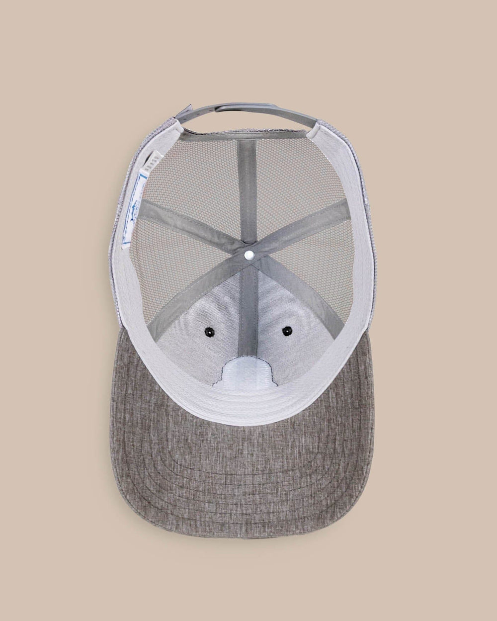 The detail view of the Southern Tide Three Palms Performance Trucker Hat by Southern Tide - Heather Khaki