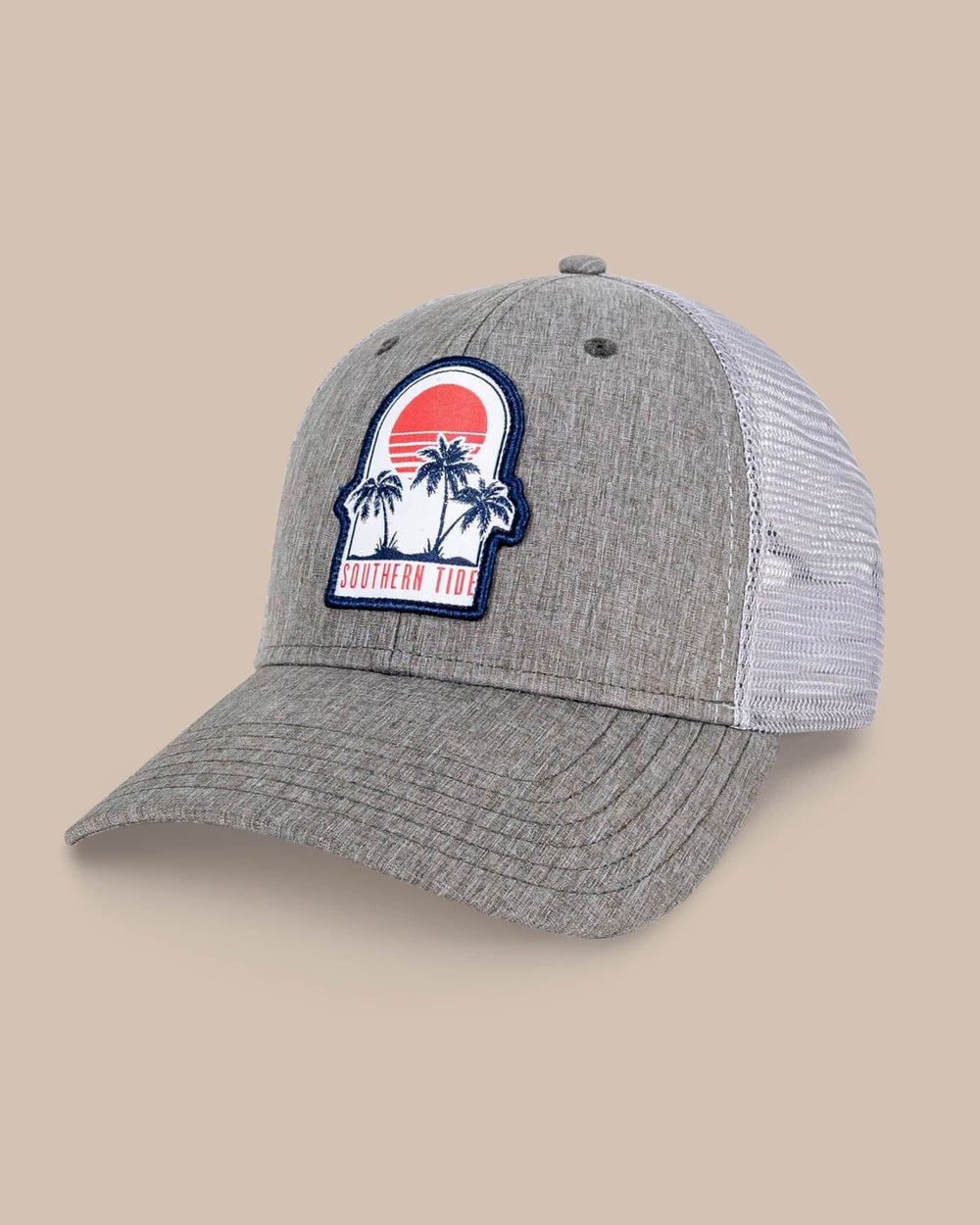 The front view of the Southern Tide Three Palms Performance Trucker Hat by Southern Tide - Heather Khaki