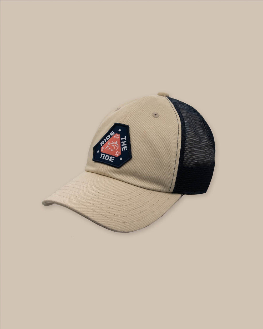The front view of the Southern Tide Tidal Wave Trucker Hat by Southern Tide - Stone